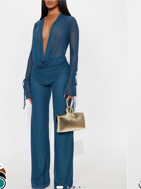 Fashion Nova Teal Wide Leg Plunge Jumpsuit